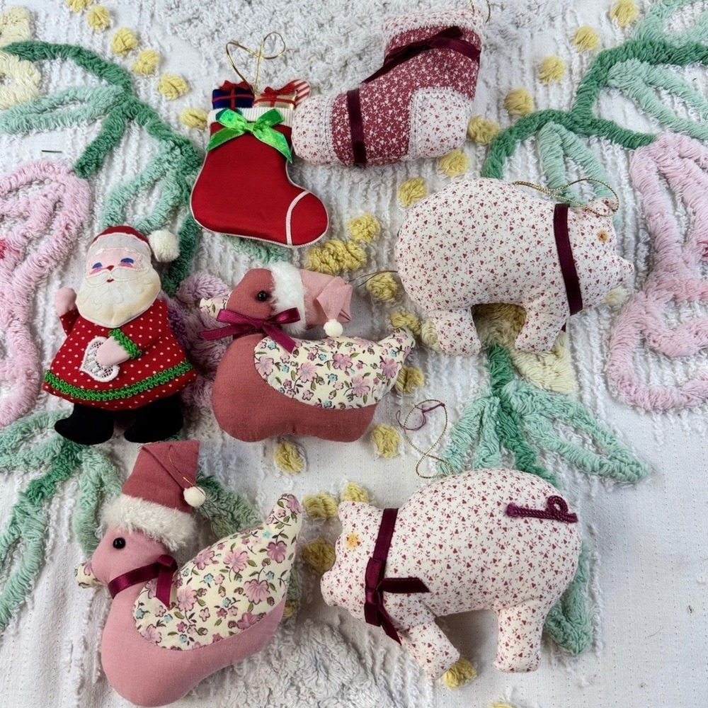 Vintage Handmade Plush Christmas Ornament Lot 7pc Pigs Ducks Santa Stockings1960